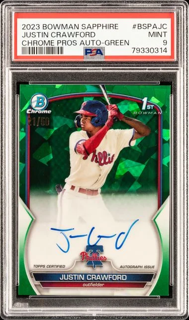 2023 Bowman Sapphire Edition Chrome Prospects Autographs Green Bspajc Justin Crawford #no-number card image
