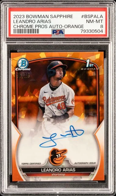 2023 Bowman Sapphire Edition Chrome Prospects Autographs Orange BSPA-LA Leandro Arias #no-number card image