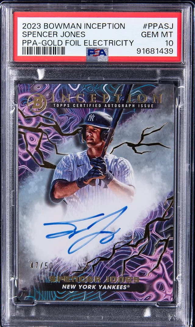 2023 Bowman Spencer Jones Inception Primordial Prospect Autograph Gold Foil Electricity #PPA-SJ card image