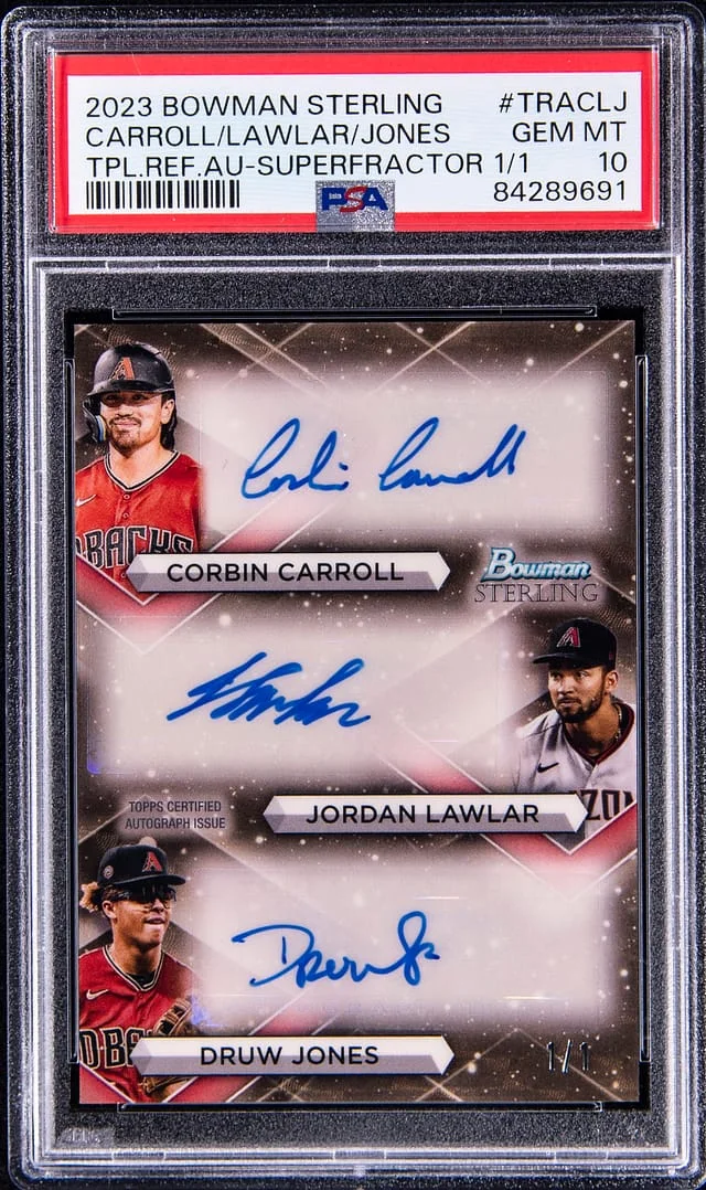 2023 Bowman Sterling Corbin Carroll/Jordan Lawlar/Druw Jones Multi-Signed Triple Refractor Autographs #TRA-CLJ card image