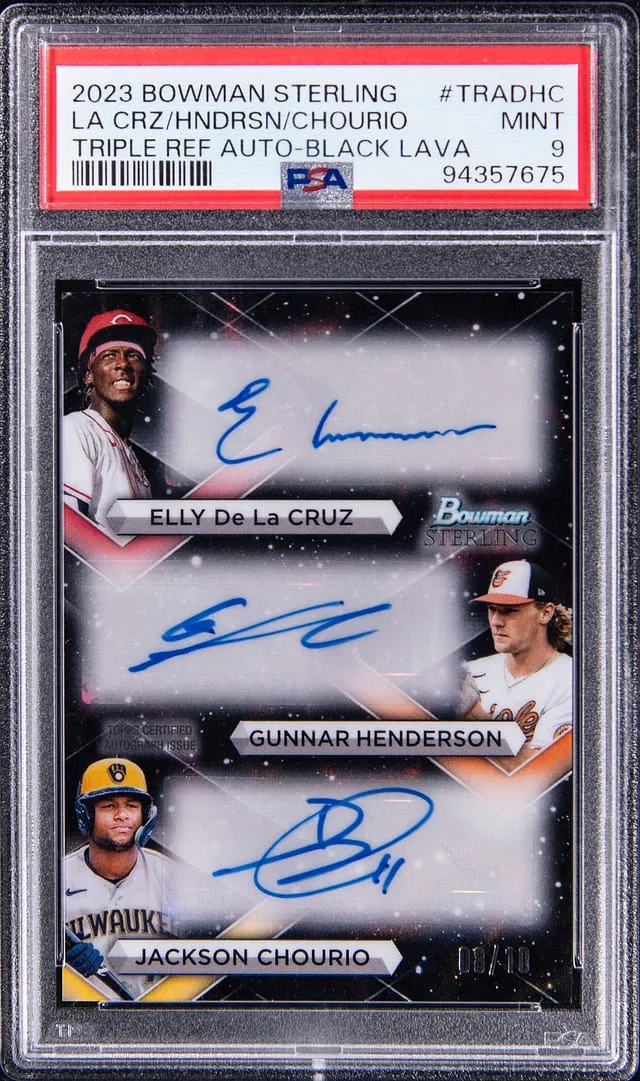 2023 Bowman Sterling Elly De La Cruz/Gunnar Henderson/Jackson Chourio Multi-Signed Triple Refractor Autographs Black Lava #TRA-DHC card image