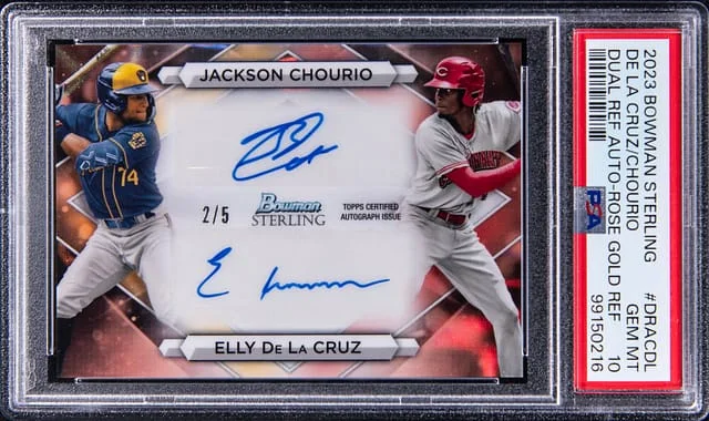 2023 Bowman Sterling Elly De La Cruz/Jackson Chourio Dual Autograph Rose Gold Refractor #DRA-CDL card image
