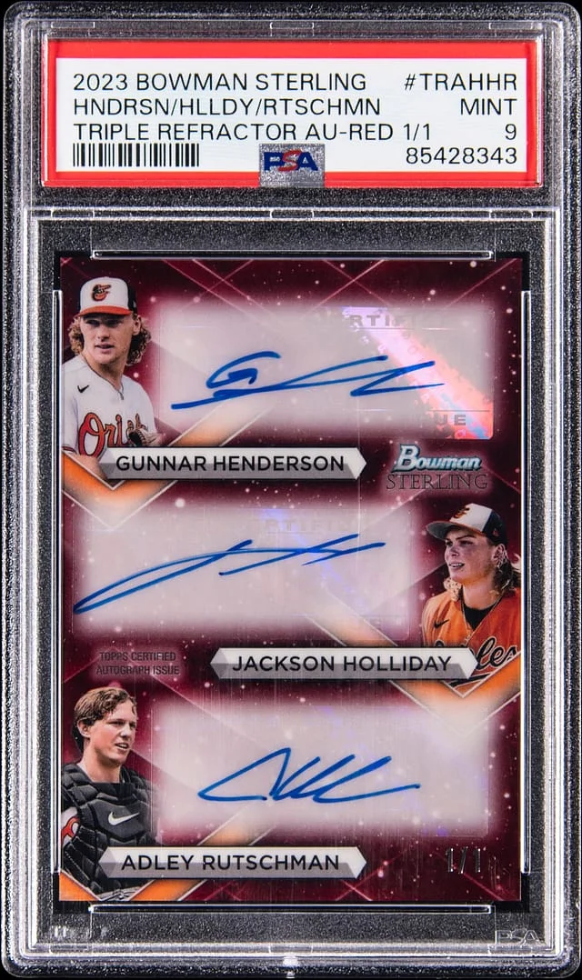2023 Bowman Sterling Gunnar Henderson / Jackson Holliday / Adley Rutschman Multi-Signed Triple Refractor Autograph-Red 1/1 #TRA-HHR card image