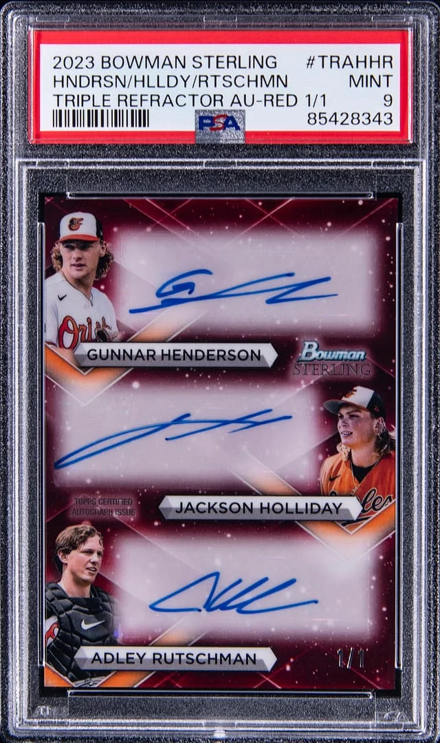 2023 Bowman Sterling Gunnar Henderson/Jackson Holliday/Adley Rutschman Multi-Signed Triple Refractor Autographs Red #TRA-HHR card image