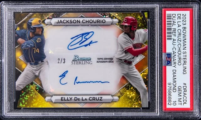 2023 Bowman Sterling Jackson Chourio/Elly De La Cruz Dual Refractor Autographs Canary Diamond Refractor #DRA-CDL card image