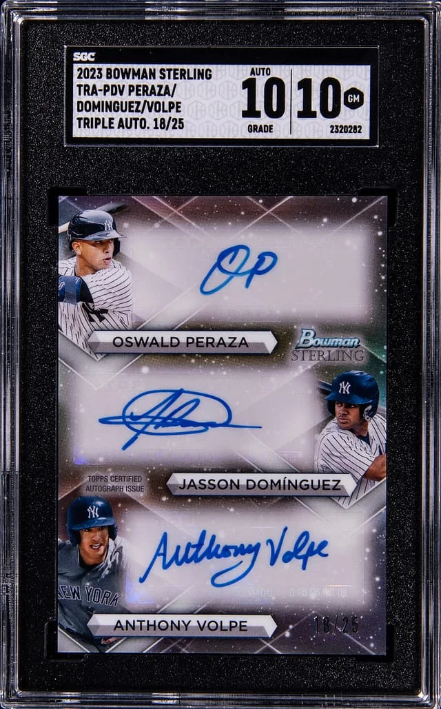 2023 Bowman Sterling Oswald Peraza/Jasson Dominguez/Anthony Volpe Multi-Signed Triple Autographs #TRA-PDV card image