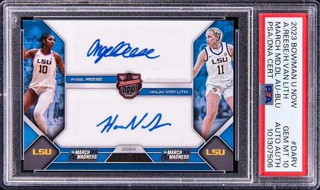 2023 Bowman University Angel Reese/Hailey Van Lith Now March Madness Dual Autograph Blue #DA-RV card image