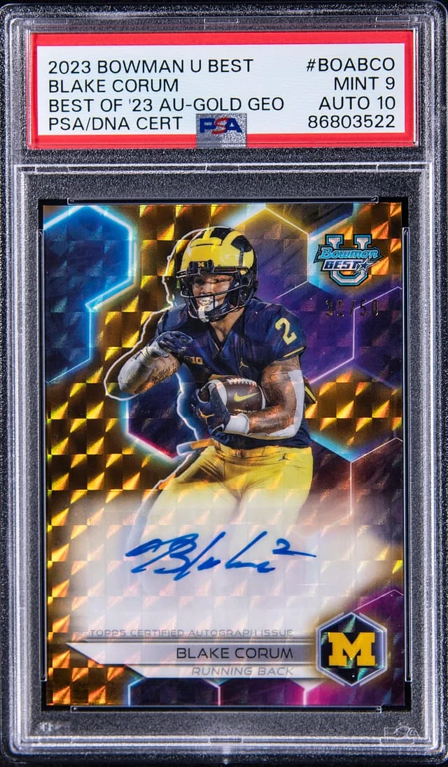2023 Bowman University Best Blake Corum of '23 Autographs Gold Geo #BOABCO card image