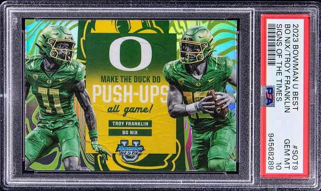 2023 Bowman University Best Bo Nix/Troy Franklin Signs of the Times #SOT9 card image
