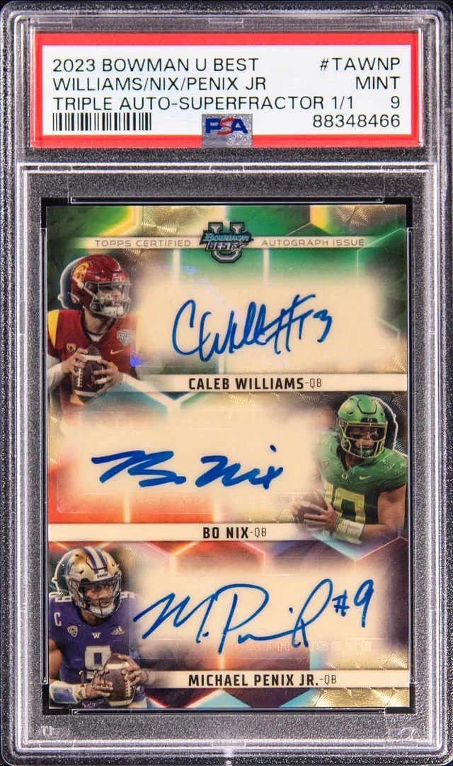 2023 Bowman University Best Caleb Williams/Bo Nix/Michael Penix Jr. Multi-Signed Triple Autograph SuperFractor #TA-WNP card image