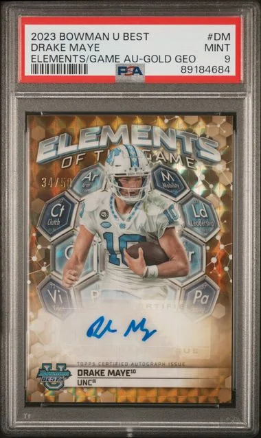 2023 Bowman University Best Drake Maye Elements Of The Game Autographs Gold Geometric #DM card image