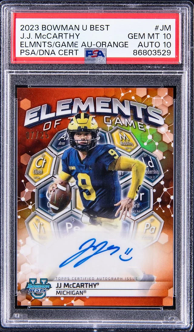 2023 Bowman University Best J.J. McCarthy Elements of the Game Autograph Orange #JM card image