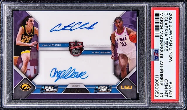 2023 Bowman University Caitlin Clark/Angel Reese Now March Madness Dual Autographs Purple #DA-CR card image