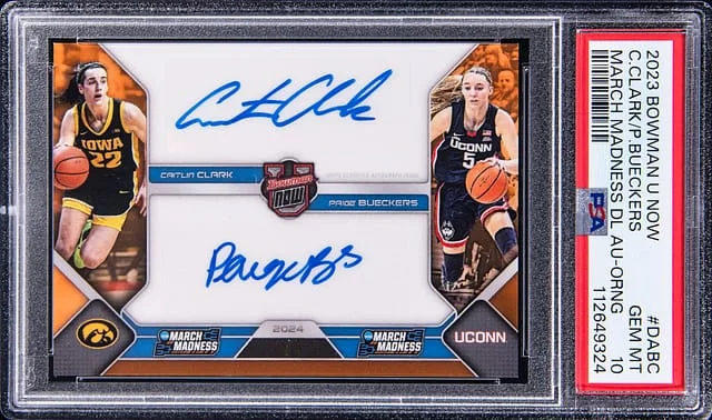 2023 Bowman University Caitlin Clark/Paige Bueckers Now March Madness Dual Autographs Orange #DA-BC card image