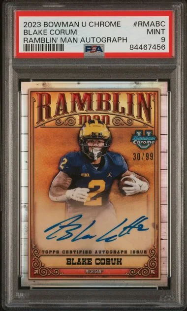 2023 Bowman University Chrome Blake Corum Ramblin' Man Autographs #RMABC card image