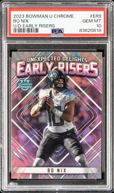 2023 Bowman University Chrome Bo Nix Unexpected Delights Early Risers #ER9 card image