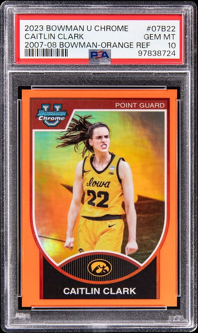 2023 Bowman University Chrome Caitlin Clark 2007-08 Bowman Orange Refractor #07B-22 card image