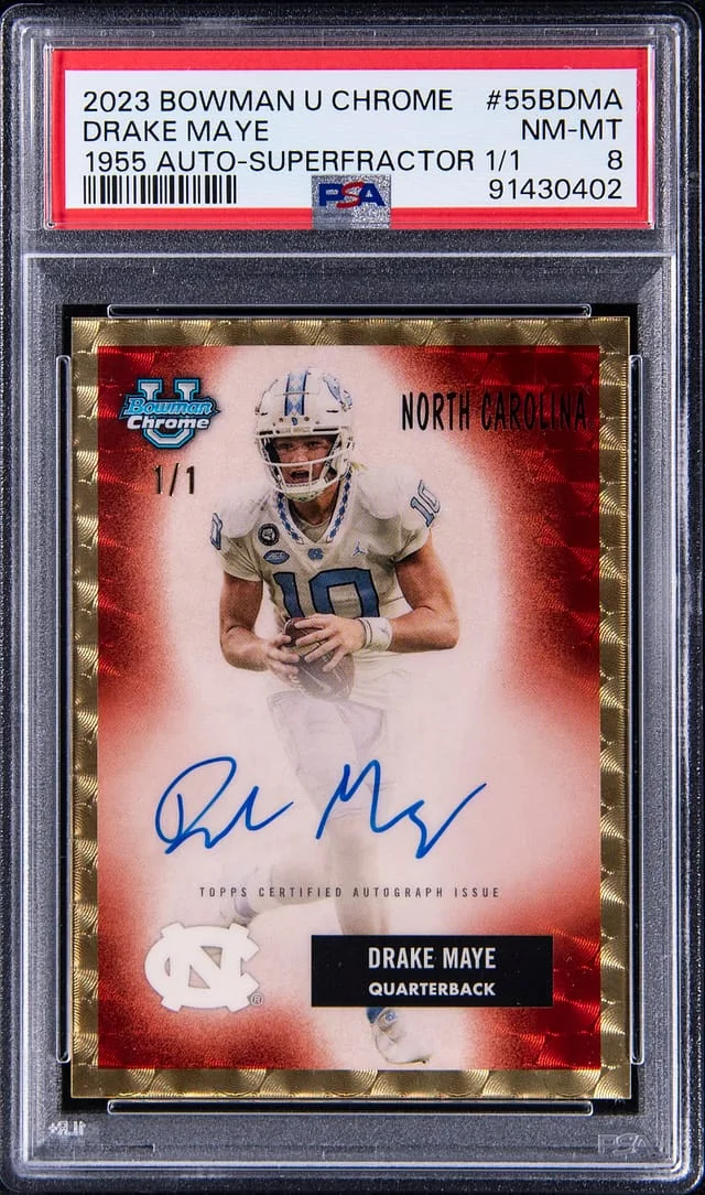 2023 Bowman University Chrome Drake Maye 1955 Autograph SuperFractor #55B-DMA card image