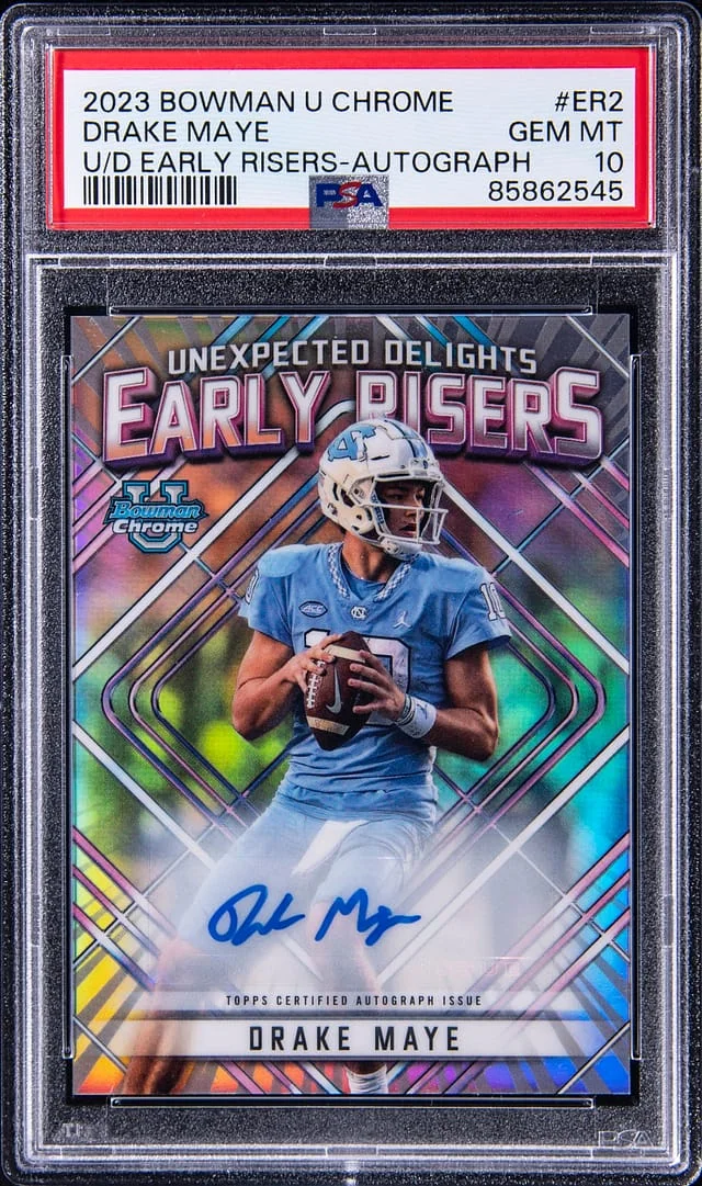 2023 Bowman University Chrome Drake Maye Unexpected Delights Early Risers #Er2 card image
