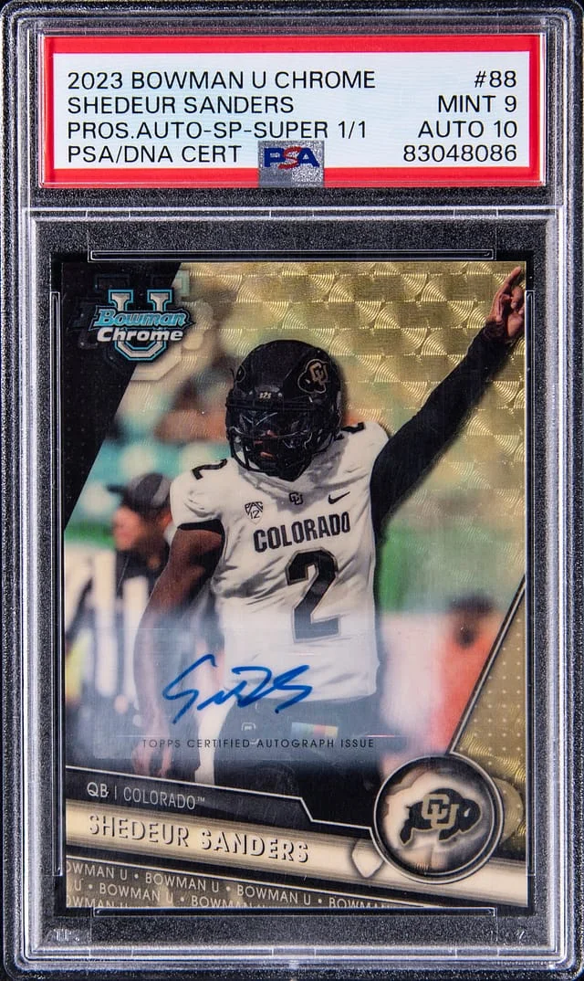 2023 Bowman University Chrome Shedeur Sanders Prospect Autographs SP SuperFractor #88 card image