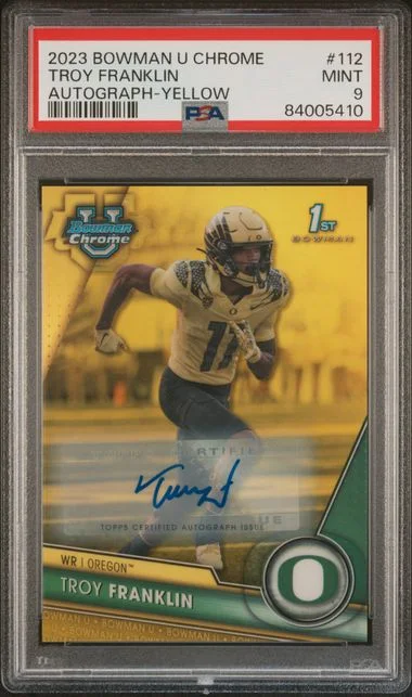 2023 Bowman University Chrome Troy Franklin Autograph-Yellow #112 card image