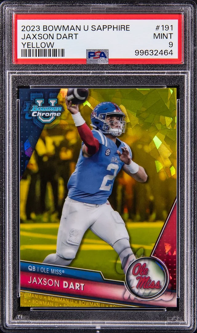 2023 Bowman University Jaxson Dart Sapphire Yellow #191 card image