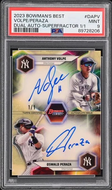2023 Bowman's Best Anthony Volpe/Oswald Peraza Dual Autographs Superfractor #DAPV card image