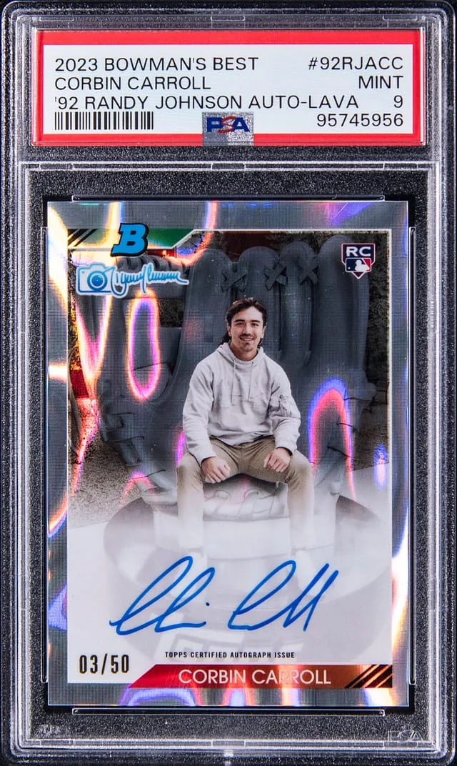 2023 Bowman's Best Corbin Carroll 92 Randy Johnson Autograph Lava #92RJA-CC card image