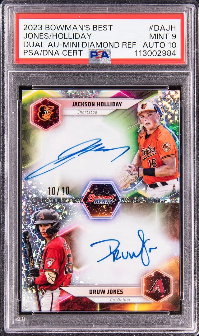 2023 Bowman's Best Jackson Holliday, Druw Jones Dual Autograph Mini Diamond Refractor #DA-JH card image