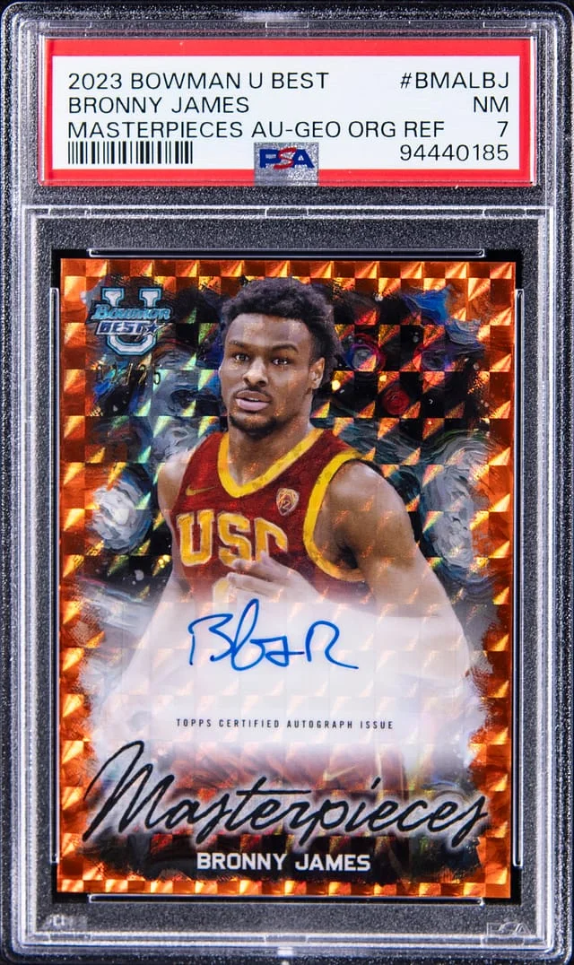 2023 Bowman's University Best Masterpieces Autographs Geometric Orange Refractor Bronny James #BMA-LBJ card image