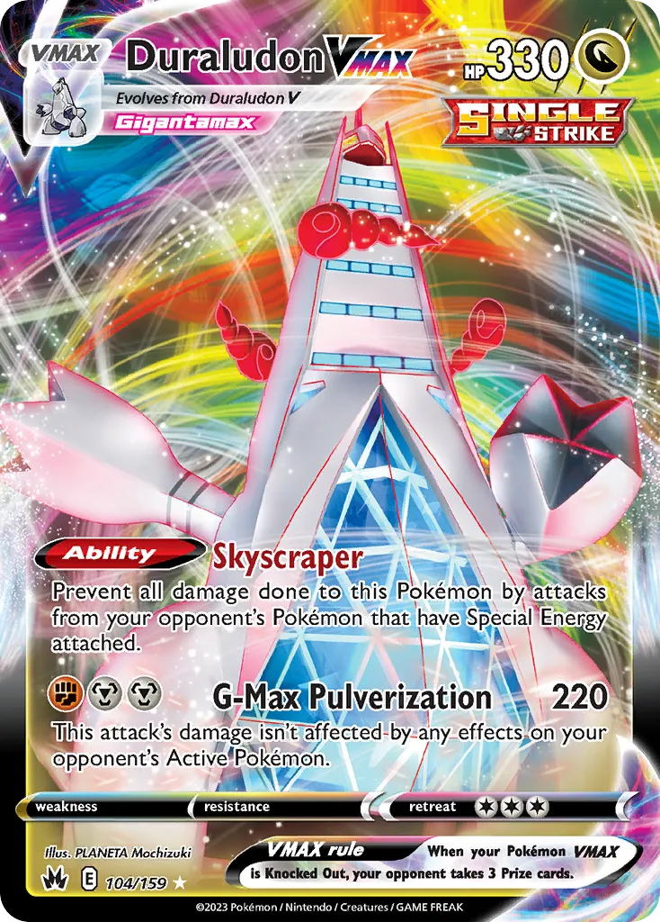2023 Crown Zenith Duraludon VMAX #104/159 Rare Holo VMAX card image