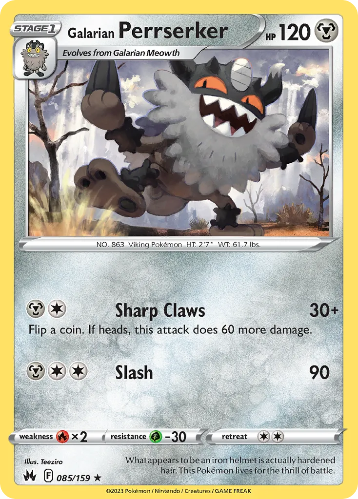 2023 Crown Zenith Galarian Perrserker #085/159 Rare card image