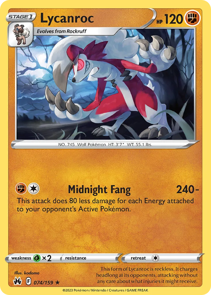 2023 Crown Zenith Lycanroc #074/159 Rare card image
