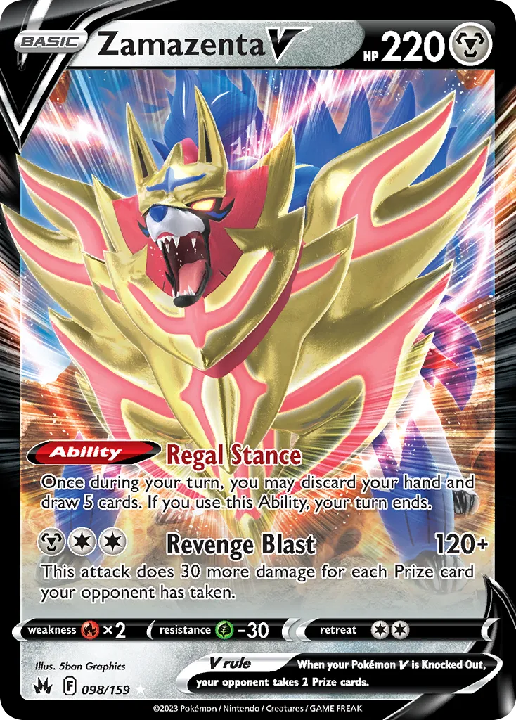2023 Crown Zenith Zamazenta V #098/159 Rare Holo V card image