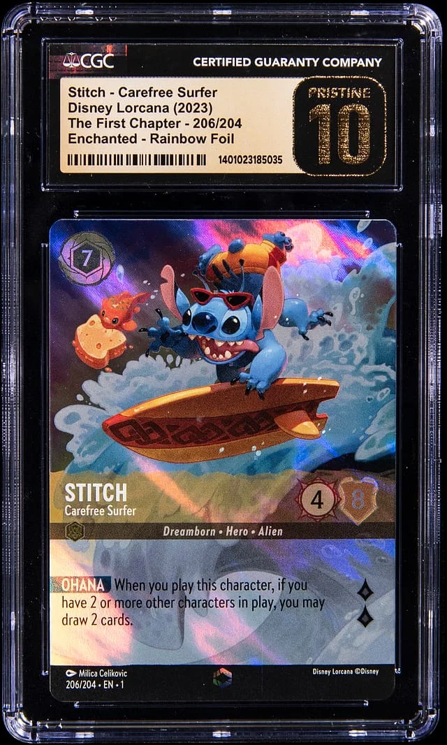 2023 Disney Lorcana Enchanted: The First Chapter Rainbow Foil Stitch: Carefree Surfer #206 card image