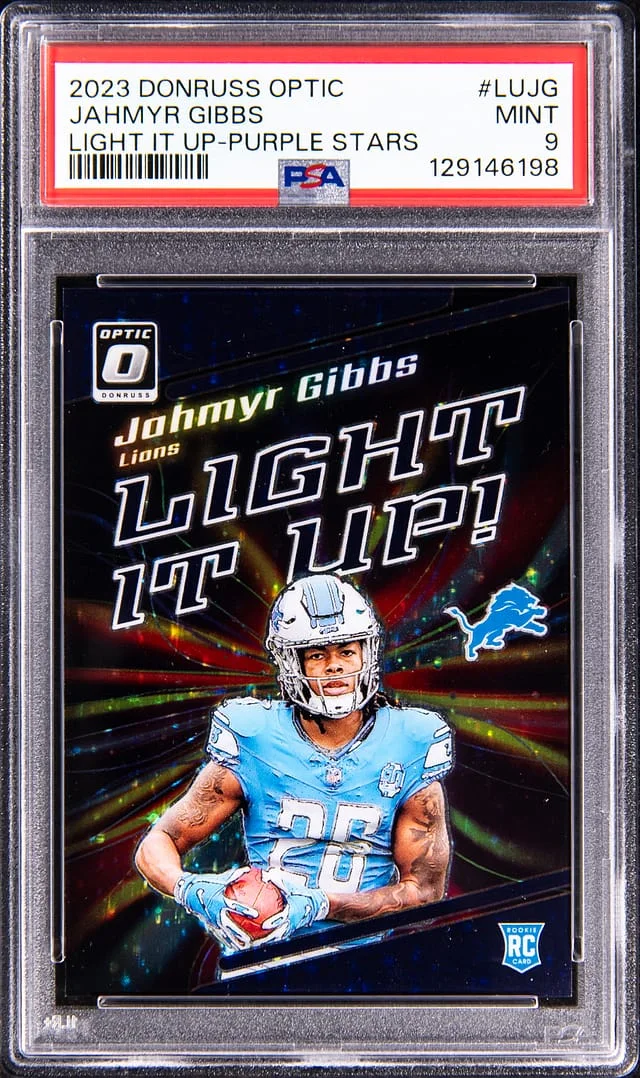 2023 Donruss Optic Jahmyr Gibbs Light It Up-Purple Stars #LU-JG card image