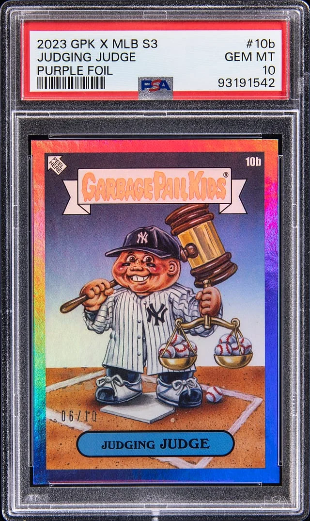 2023 Garbage Pail Kids Aaron Judging Judge x MLB S3 Purple Foil #10b card image
