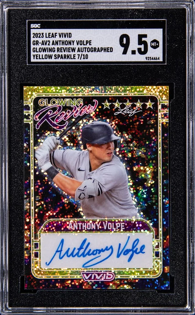 2023 Leaf Anthony Volpe Vivid Glowing Review Autographed Yellow Sparkle #GR-AV2 card image