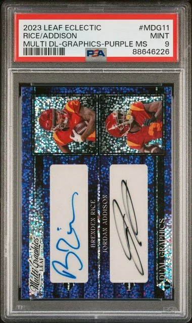 2023 Leaf Brenden Rice/Jordan Addison Eclectic Multigraphics Dual-Graphics Purple Metalized Sparkles #MDG11 card image