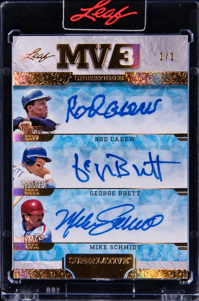 2023 Leaf Carew/Brett/Schmidt Multi-Signed Card - Leaf Encased Superlative MV3 Signatures #MV3-1 card image