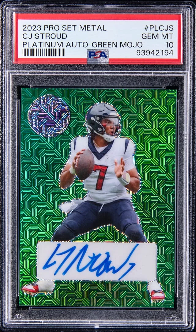 2023 Leaf C.J. Stroud Pro Set Metal Platinum Autograph Green Mojo #PL-CJS card image
