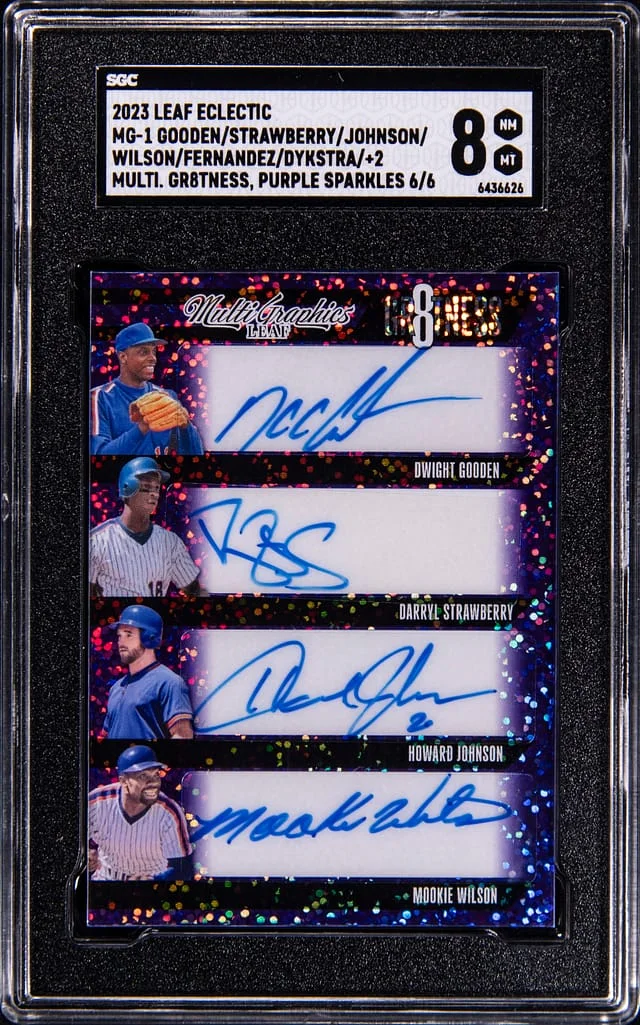 2023 Leaf Gooden/Strawberry/Johnson/Wilson/Fernandez/Dykstra/Knight/Backman Multi-Signed Eclectic Multi Gr8tness Purple Sparkles #MG-1 card image