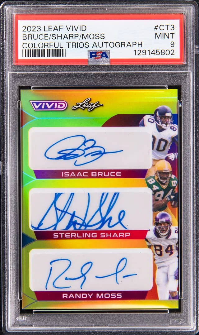 2023 Leaf Isaac Bruce, Sterling Sharp, Randy Moss Vivid Colorful Trios Autograph #CT-3 card image