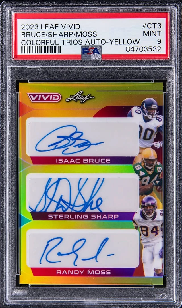 2023 Leaf Isaac Bruce/Sterling Sharp/Randy Moss Triple-Signed Vivid Colorful Trios Autograph Yellow #CT3 card image