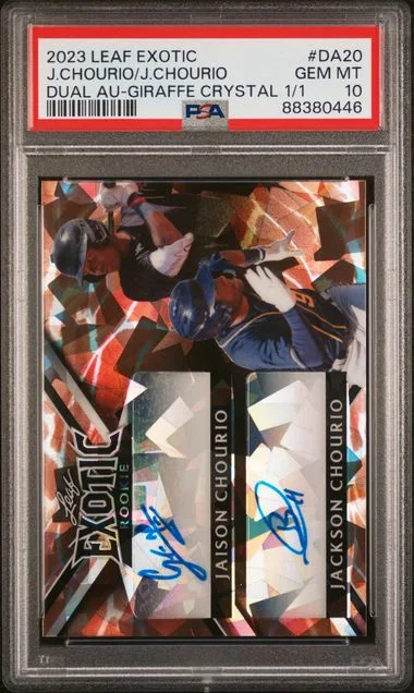 2023 Leaf Jackson Chourio/Jaison Chourio Exotic Dual Autographs Giraffe Crystal 1/1 #DA20 card image