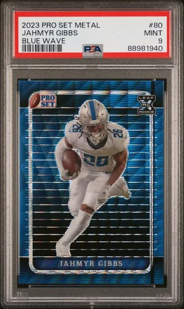 2023 Leaf Jahmyr Gibbss Pro Set Metal Blue Wave #80 card image