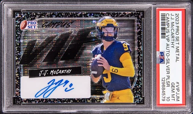 2023 Leaf JJ McCarthy Pro Set Metal Campus Vip Autograph Silver Pulsar #VIP-JJM card image