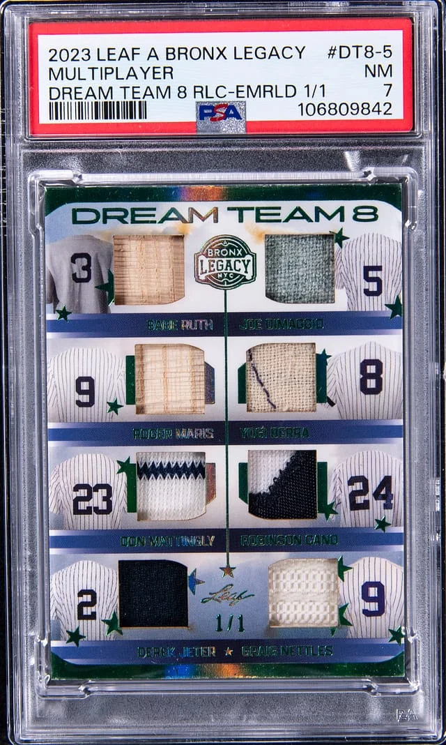 2023 Leaf Joe DiMaggio/Don Mattingly/Derek Jeter/Graig Nettles/Roger Maris/Babe Ruth/Yogi Berra/Robinson Cano A Bronx Legacy Dream Team 8 Relics Emerald #DT8-5 card image