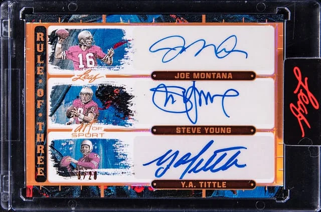 2023 Leaf Joe Montana/Steve Young/Y.A. Little Multi-Signed Card Leaf Sealed Art of Sport Rule of Three Bronze #R3-14 card image