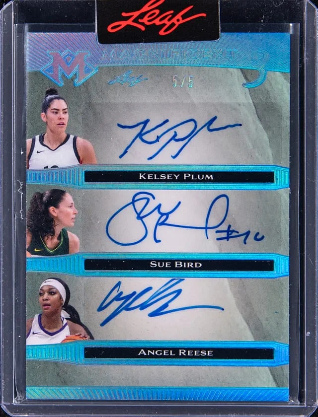 2023 Leaf Kelsey Plum/Sue Bird/Angel Reese Multi-Signed Card - Leaf Encased Magnificence Magnificent 3 Platinum Holo #M3-7 card image